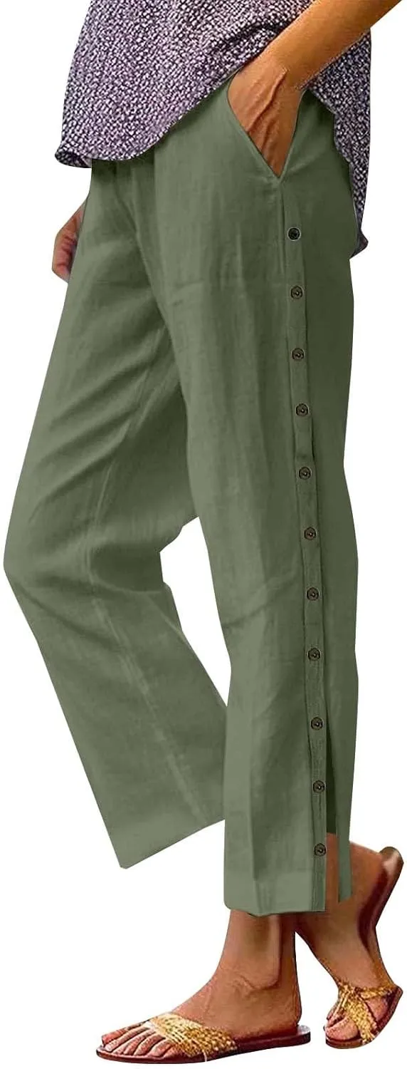 Capris Pants for Women Cotton Linen Summer Casual Cropped Pant Button Drawstring Beach Travel Trousers with Pocket