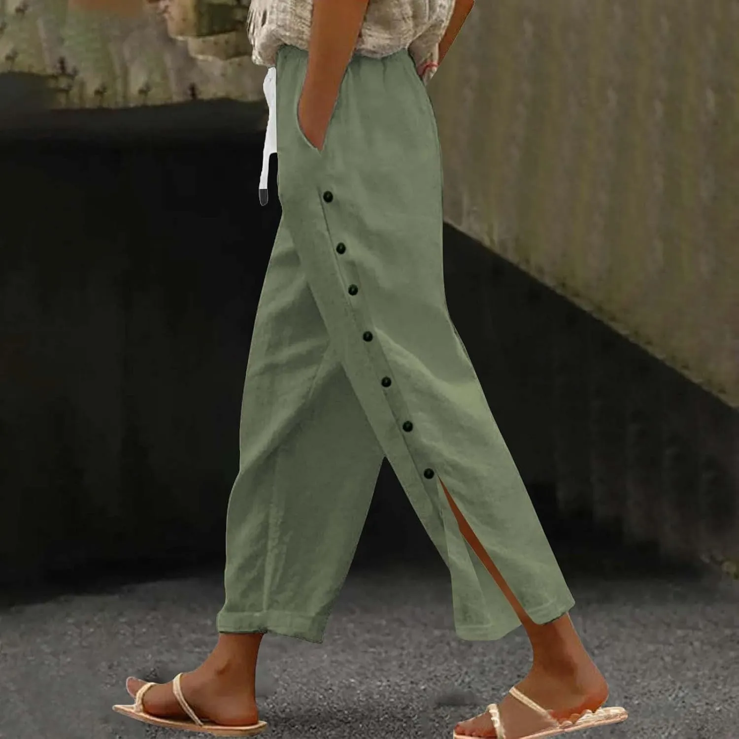 Capris Pants for Women Cotton Linen Summer Casual Cropped Pant Button Drawstring Beach Travel Trousers with Pocket