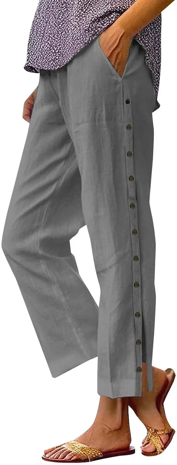 Capris Pants for Women Cotton Linen Summer Casual Cropped Pant Button Drawstring Beach Travel Trousers with Pocket