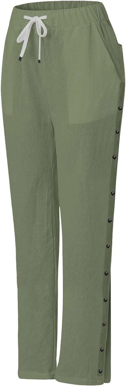 Capris Pants for Women Cotton Linen Summer Casual Cropped Pant Button Drawstring Beach Travel Trousers with Pocket