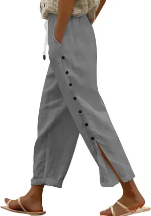 Capris Pants for Women Cotton Linen Summer Casual Cropped Pant Button Drawstring Beach Travel Trousers with Pocket
