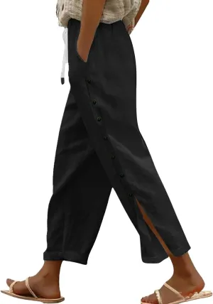 Capris Pants for Women Cotton Linen Summer Casual Cropped Pant Button Drawstring Beach Travel Trousers with Pocket