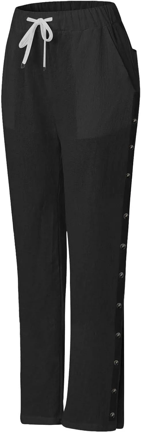 Capris Pants for Women Cotton Linen Summer Casual Cropped Pant Button Drawstring Beach Travel Trousers with Pocket