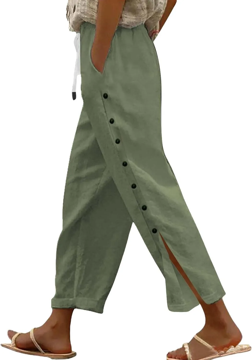 Capris Pants for Women Cotton Linen Summer Casual Cropped Pant Button Drawstring Beach Travel Trousers with Pocket