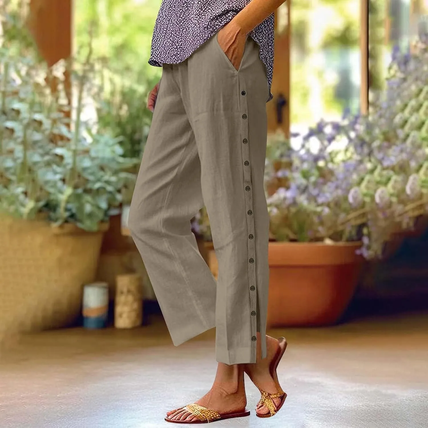 Capris Pants for Women Cotton Linen Summer Casual Cropped Pant Button Drawstring Beach Travel Trousers with Pocket