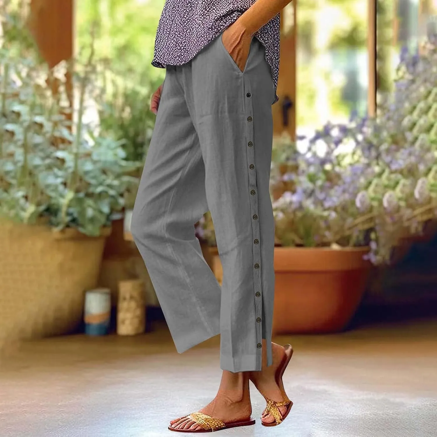 Capris Pants for Women Cotton Linen Summer Casual Cropped Pant Button Drawstring Beach Travel Trousers with Pocket