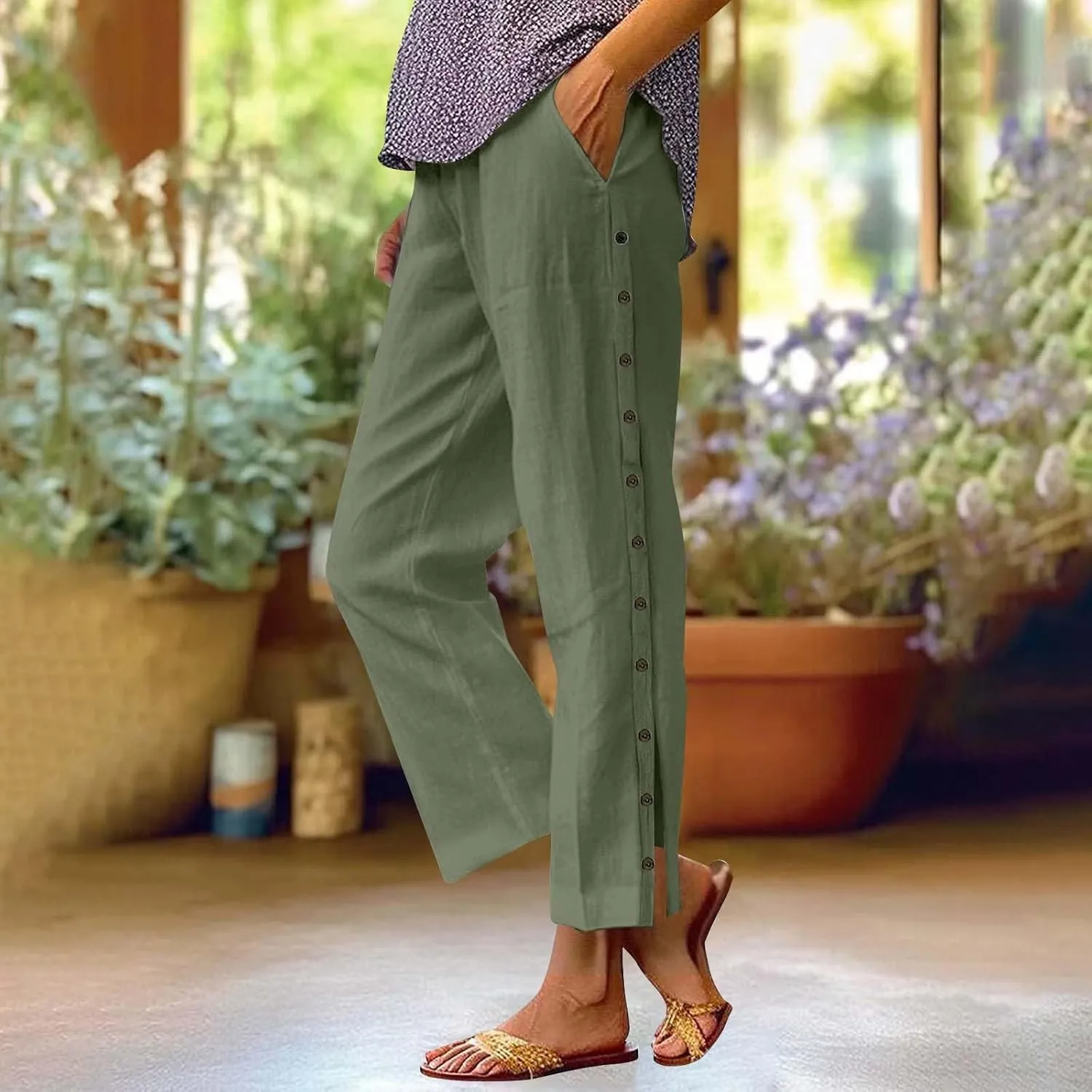 Capris Pants for Women Cotton Linen Summer Casual Cropped Pant Button Drawstring Beach Travel Trousers with Pocket