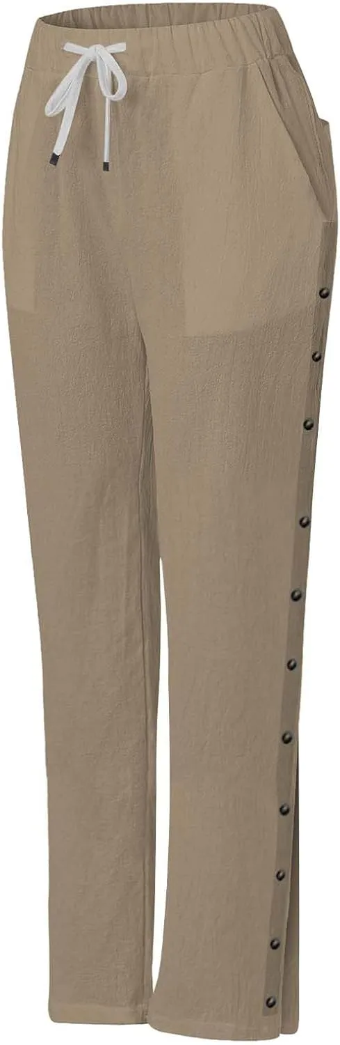Capris Pants for Women Cotton Linen Summer Casual Cropped Pant Button Drawstring Beach Travel Trousers with Pocket