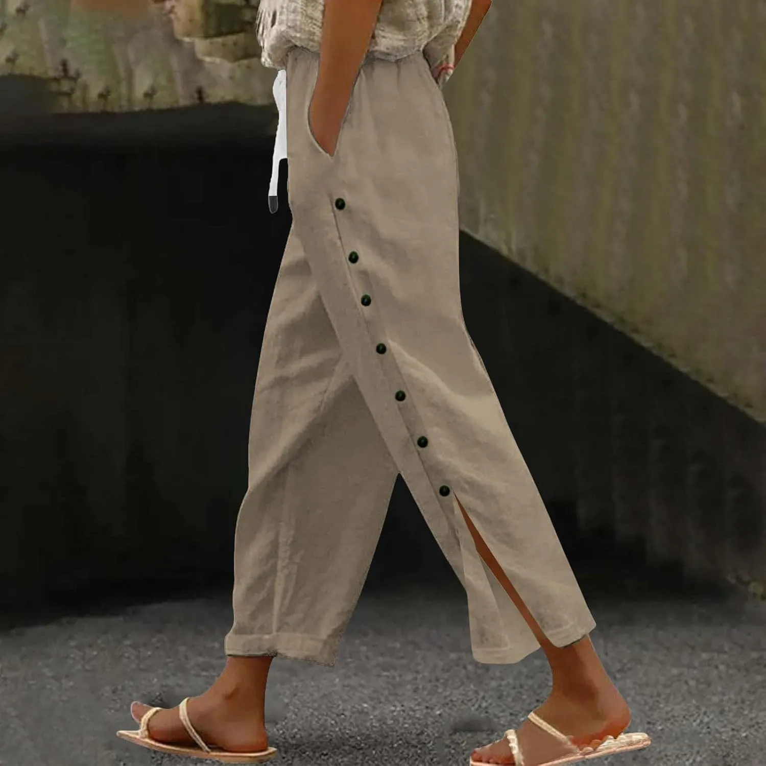 Capris Pants for Women Cotton Linen Summer Casual Cropped Pant Button Drawstring Beach Travel Trousers with Pocket