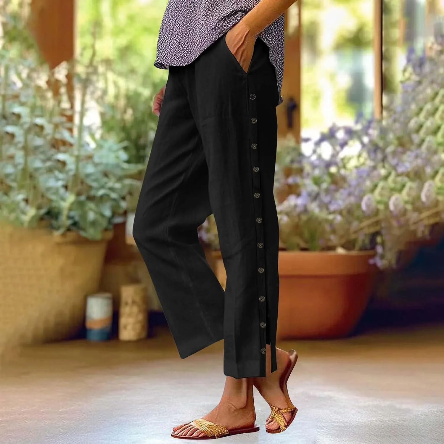 Capris Pants for Women Cotton Linen Summer Casual Cropped Pant Button Drawstring Beach Travel Trousers with Pocket