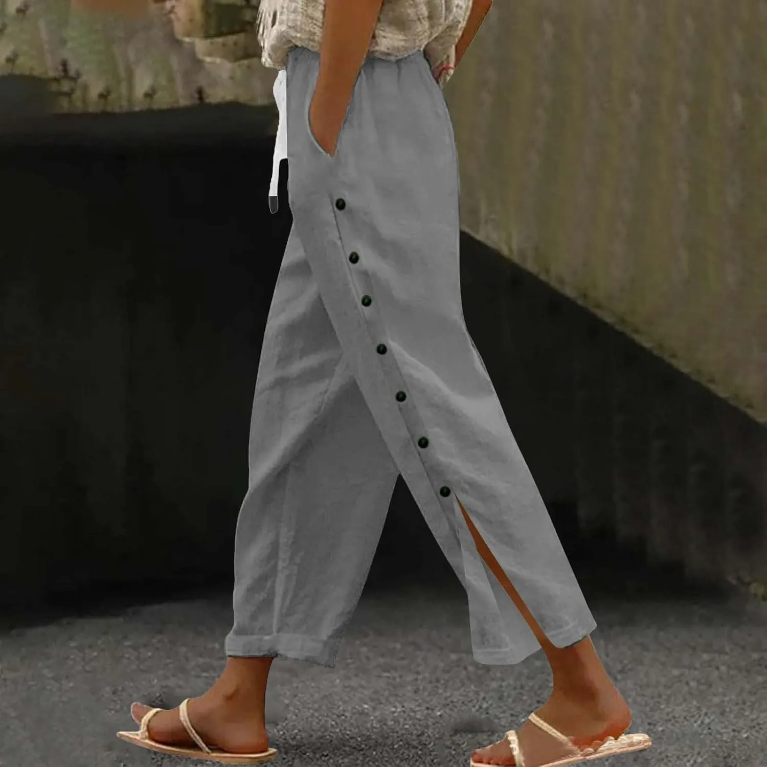 Capris Pants for Women Cotton Linen Summer Casual Cropped Pant Button Drawstring Beach Travel Trousers with Pocket