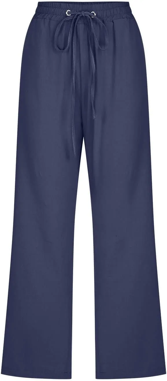 Capris Pants for Women Summer Casual Cropped Cotton Linen Pants Comfy Drawstring Elastic Waist Loose Straight Leg Trousers