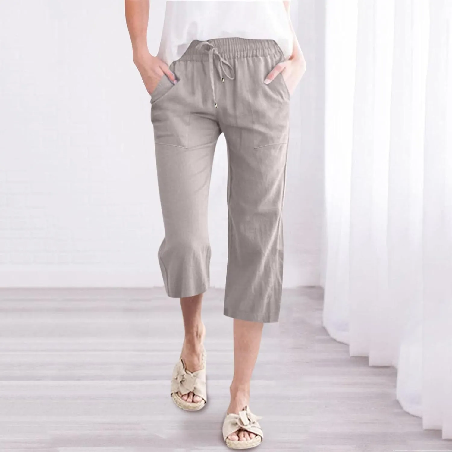 Capris Pants for Women Summer Casual Cropped Cotton Linen Pants Comfy Drawstring Elastic Waist Loose Straight Leg Trousers