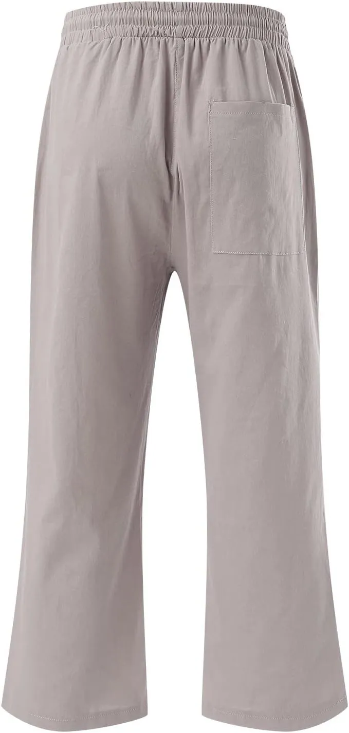 Capris Pants for Women Summer Casual Cropped Cotton Linen Pants Comfy Drawstring Elastic Waist Loose Straight Leg Trousers