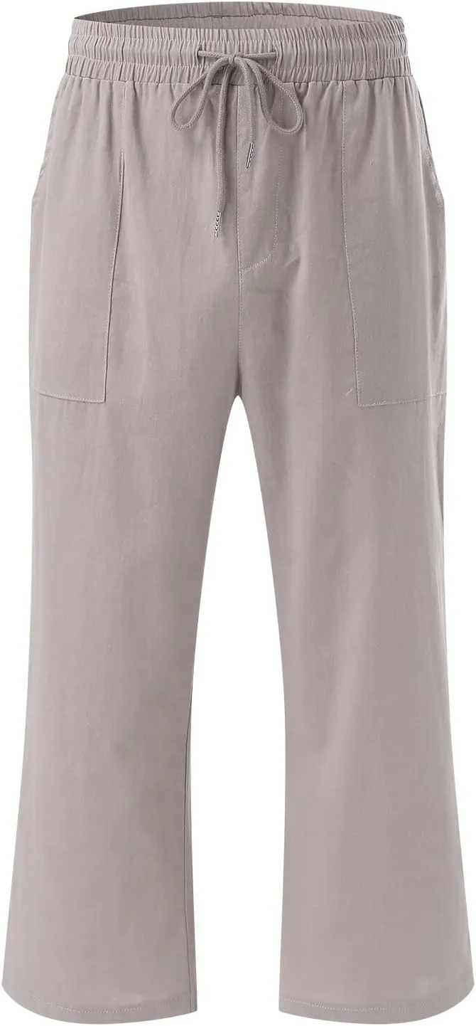 Capris Pants for Women Summer Casual Cropped Cotton Linen Pants Comfy Drawstring Elastic Waist Loose Straight Leg Trousers