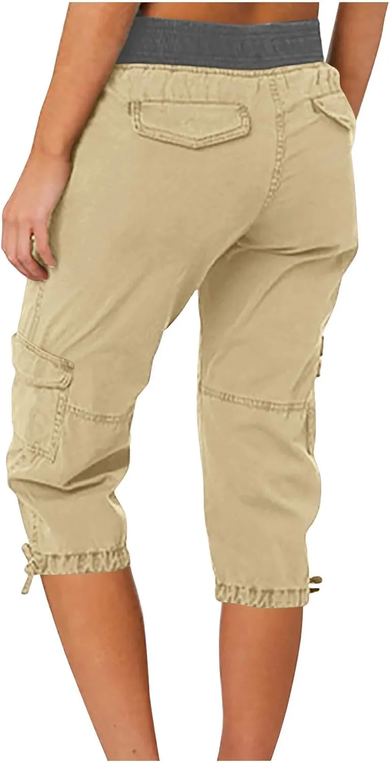 Cargo Capri Pants for Women Stretch High Waist Jogger Sweatpant Casual Lightweight Outdoor Hiking Trouser with Pocket