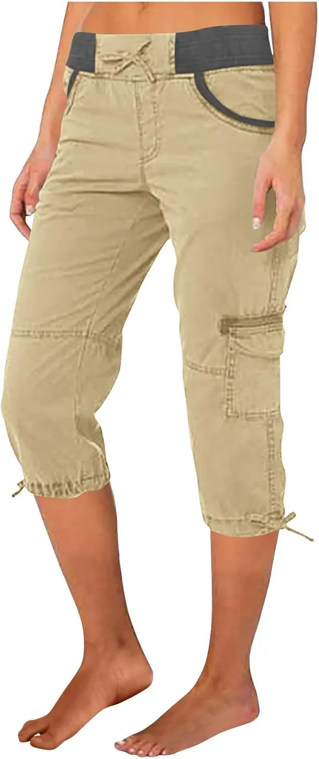 Cargo Capri Pants for Women Stretch High Waist Jogger Sweatpant Casual Lightweight Outdoor Hiking Trouser with Pocket