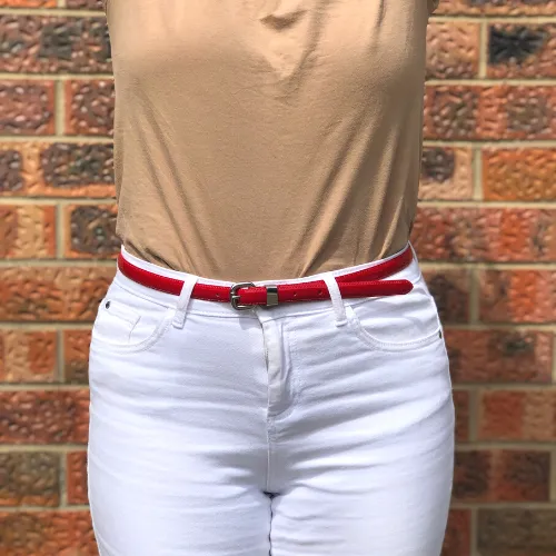 CARRIE -  Women's Red Patent Skinny Leather Belt with Silver Buckle