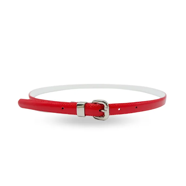 CARRIE -  Women's Red Patent Skinny Leather Belt with Silver Buckle