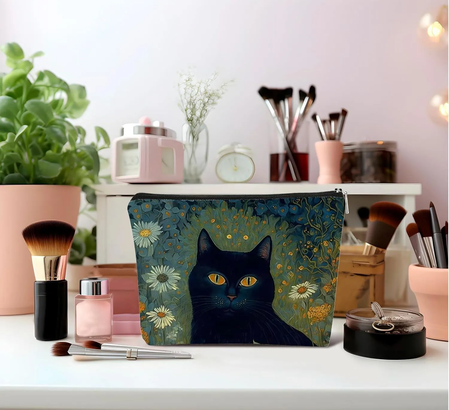 Cat Makeup Bag, Floral Black Cat Cosmetic Bags for Women, Black Cat Gifts for Women, Cat Gifts for Women Cat Lovers, Cat Mom Gifts, Cat Lady Gifts, Cat Makeup Pouch