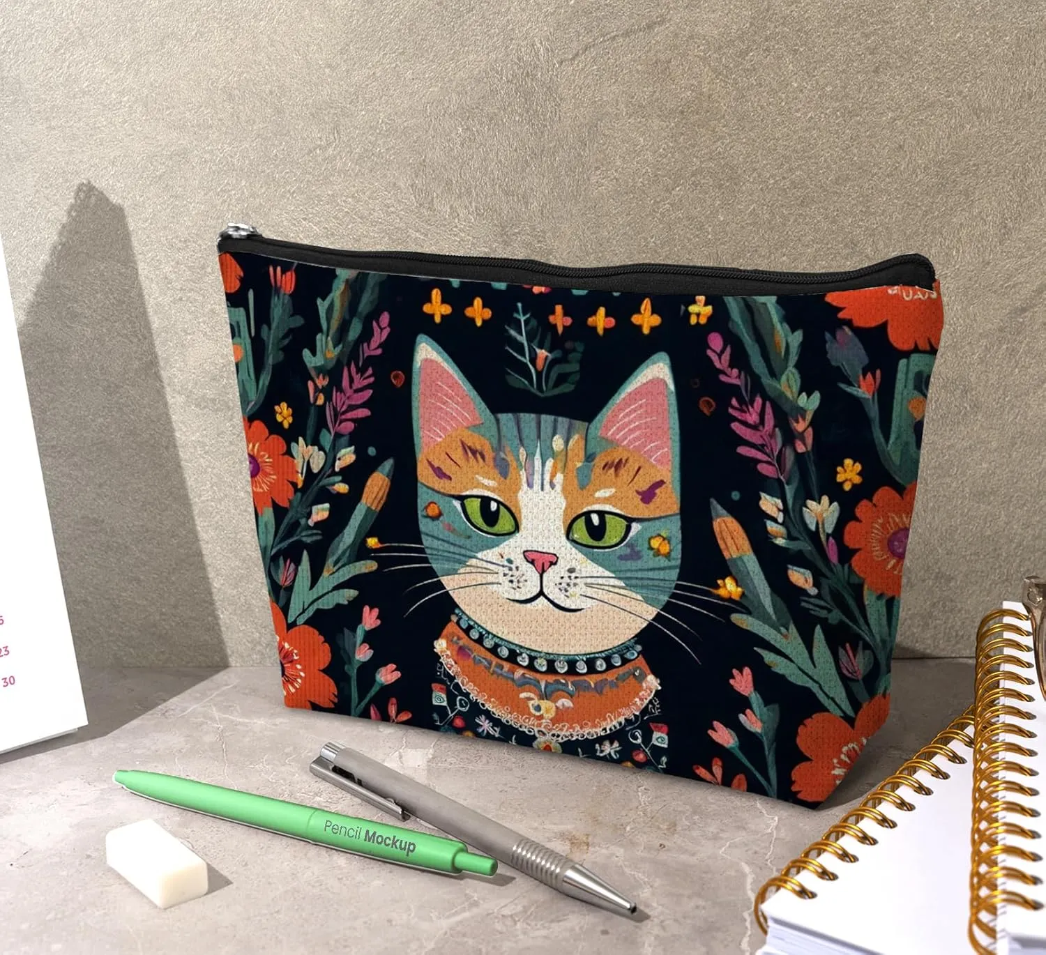 Cat Makeup Bags, Floral Zipper Pouch Cosmetic Bags - Cat Mom & Lady Gifts, Themed for Women