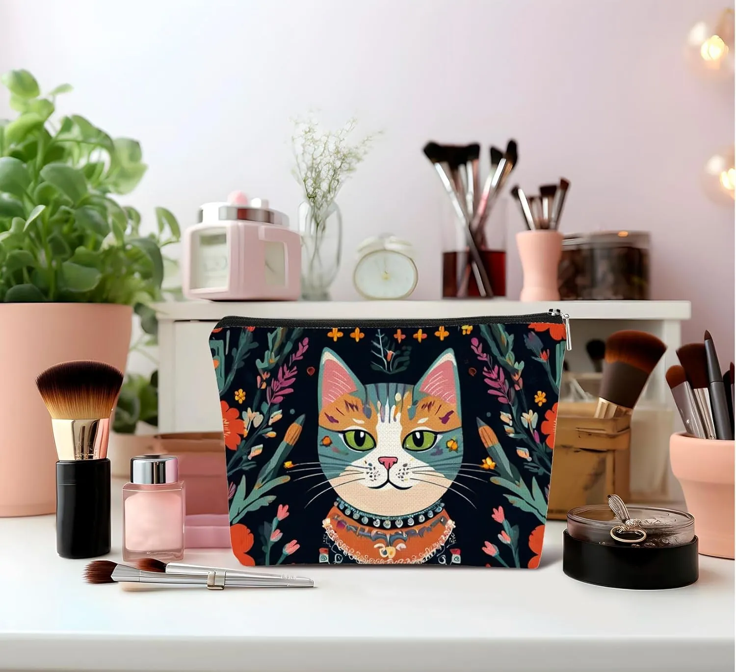 Cat Makeup Bags, Floral Zipper Pouch Cosmetic Bags - Cat Mom & Lady Gifts, Themed for Women