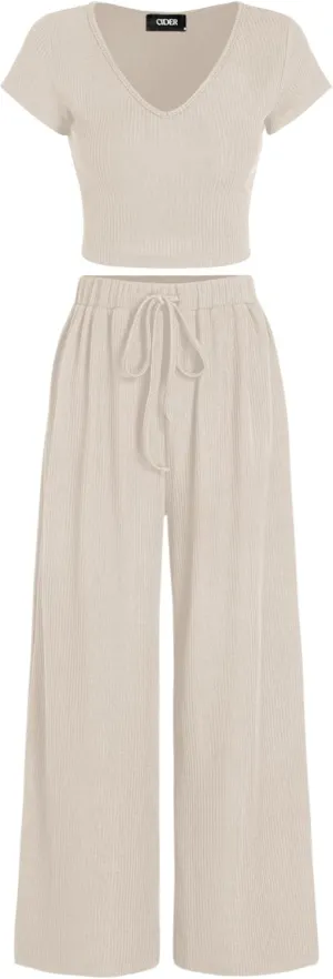 CIDER V-neck Short Sleeve Crop Tee & Knotted Wide Leg Pants Set