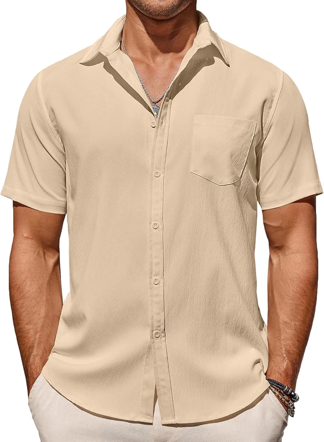 COOFANDY Men's Casual Summer Beach Wrinkle Free Shirts Short Sleeve Button Down Lightweight Untucked Textured Shirt