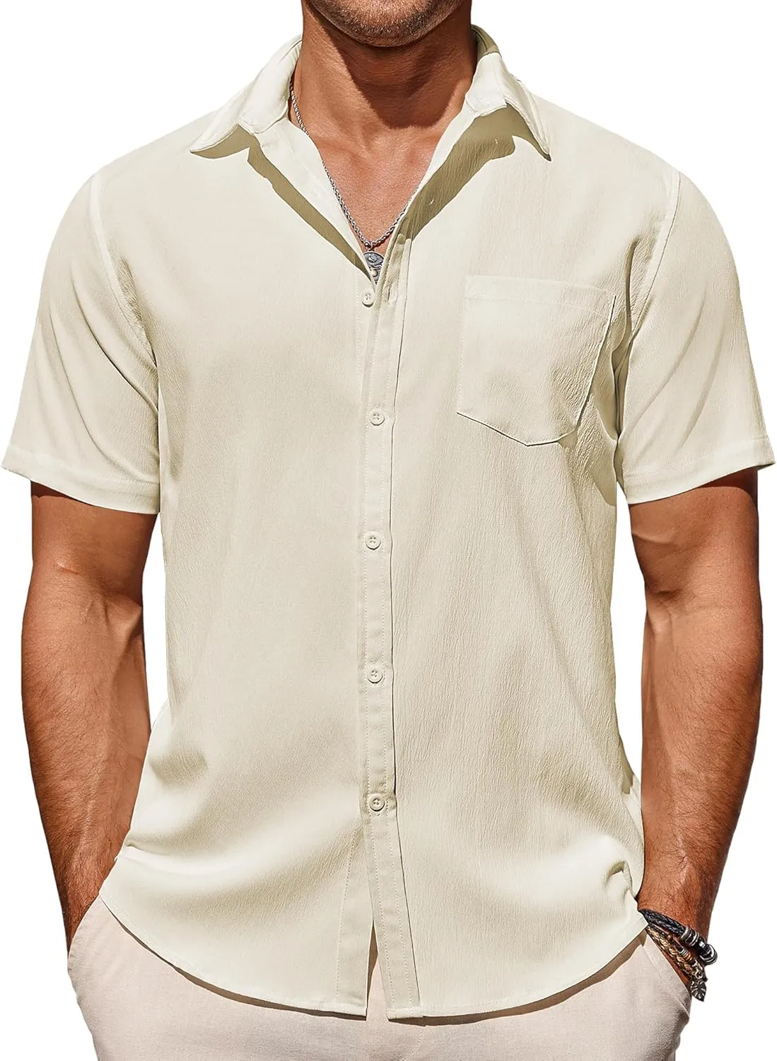 COOFANDY Men's Casual Summer Beach Wrinkle Free Shirts Short Sleeve Button Down Lightweight Untucked Textured Shirt