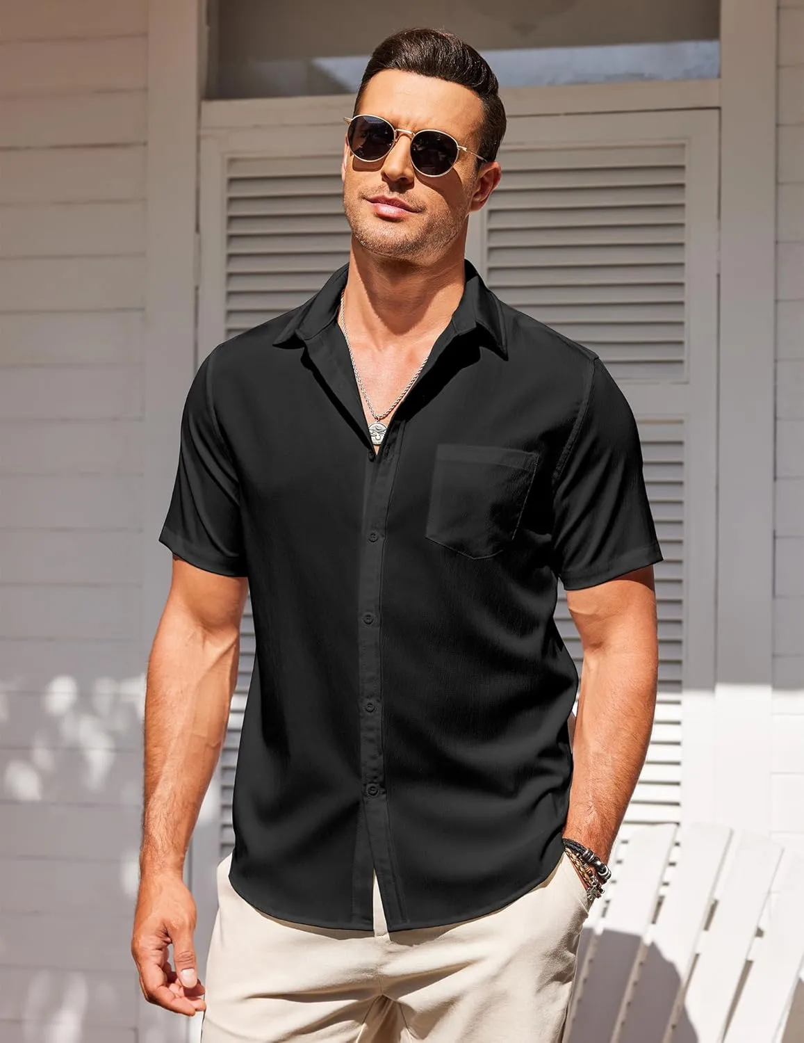 COOFANDY Men's Casual Summer Beach Wrinkle Free Shirts Short Sleeve Button Down Lightweight Untucked Textured Shirt
