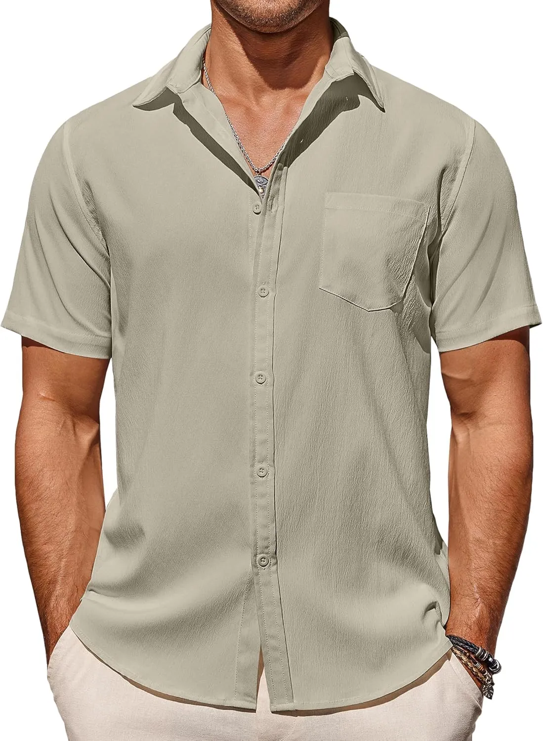COOFANDY Men's Casual Summer Beach Wrinkle Free Shirts Short Sleeve Button Down Lightweight Untucked Textured Shirt