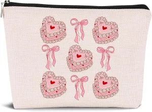 Coquette Bow Cake Cosmetic Bags - Preppy Trendy Girly Makeup Pouch with Pink Zipper