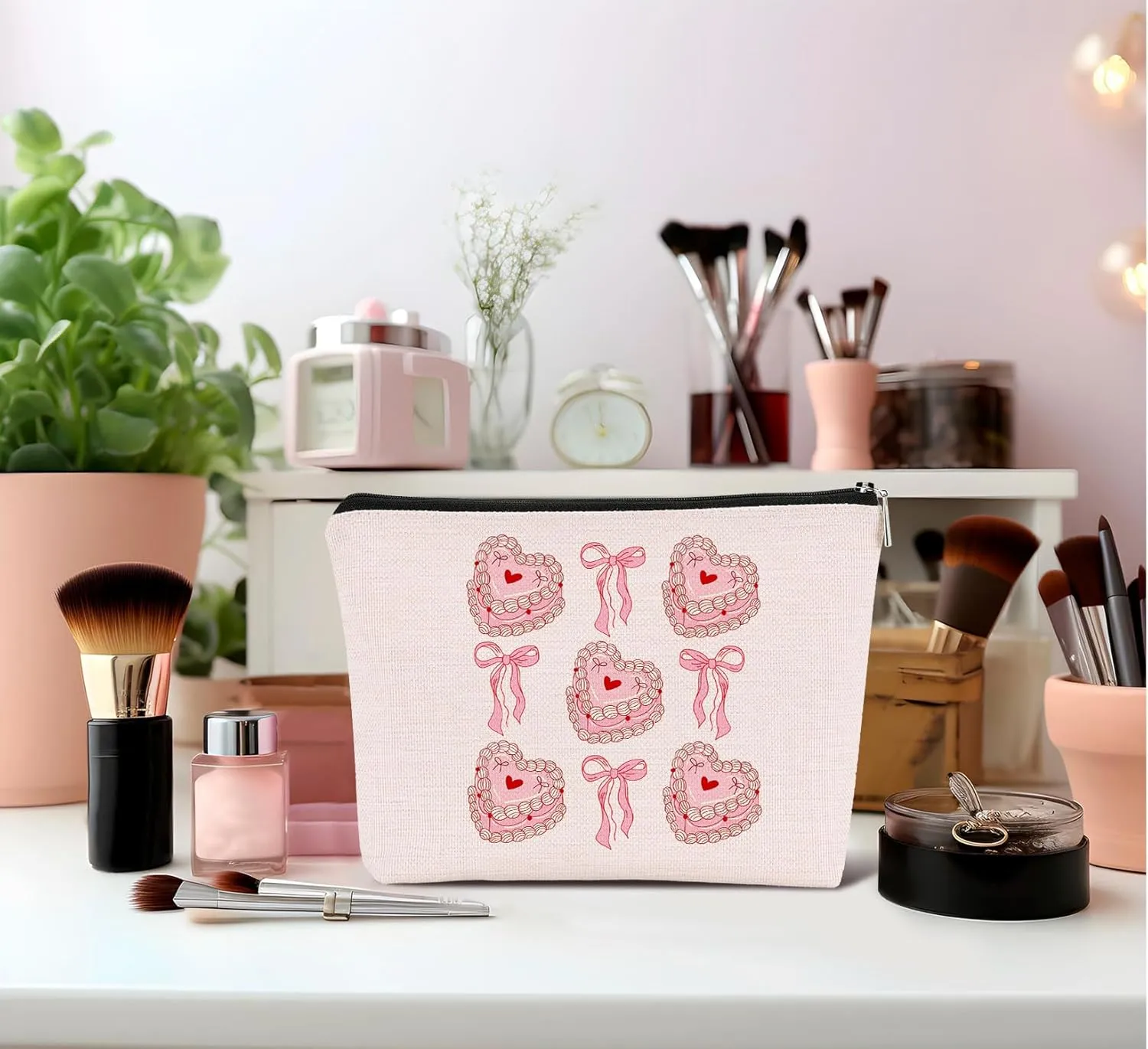 Coquette Bow Cake Cosmetic Bags - Preppy Trendy Girly Makeup Pouch with Pink Zipper