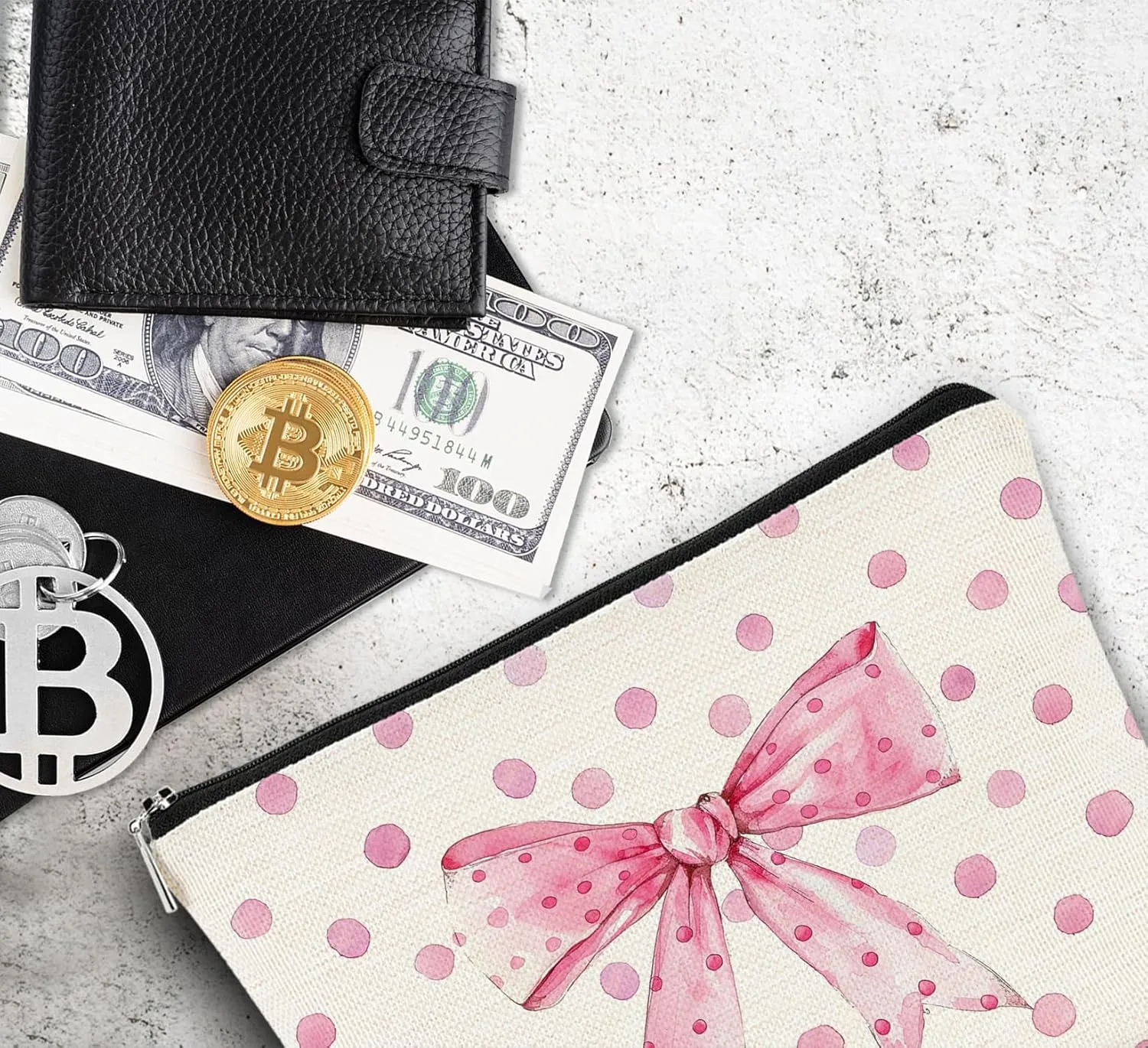 Coquette Makeup Bag - Pink Bow Aesthetic Cosmetic Zipper Pouch for Women, Girly Preppy Gifts, Cute Makeup Pouch