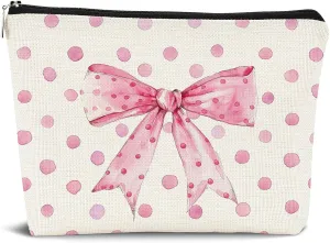 Coquette Makeup Bag - Pink Bow Aesthetic Cosmetic Zipper Pouch for Women, Girly Preppy Gifts, Cute Makeup Pouch