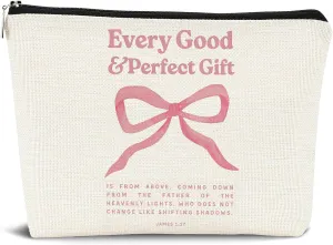 Coquette Pink Bow Jesus Cosmetic Bags Zipper Pouch Travel Toiletry Bag,Preppy Pink Bow Makeup Bag Aesthetic for Teen Girls,Bible Verses Gift for Birthday Party Girls Travel Storage Accessories