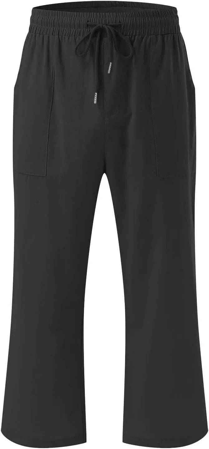 Cotton Linen Capri Pants for Women Casual Summer Straight Wide Leg Palazzo Capris Loose Comfy Beach Cropped Trousers