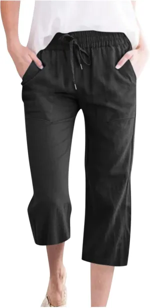 Cotton Linen Capri Pants for Women Casual Summer Straight Wide Leg Palazzo Capris Loose Comfy Beach Cropped Trousers