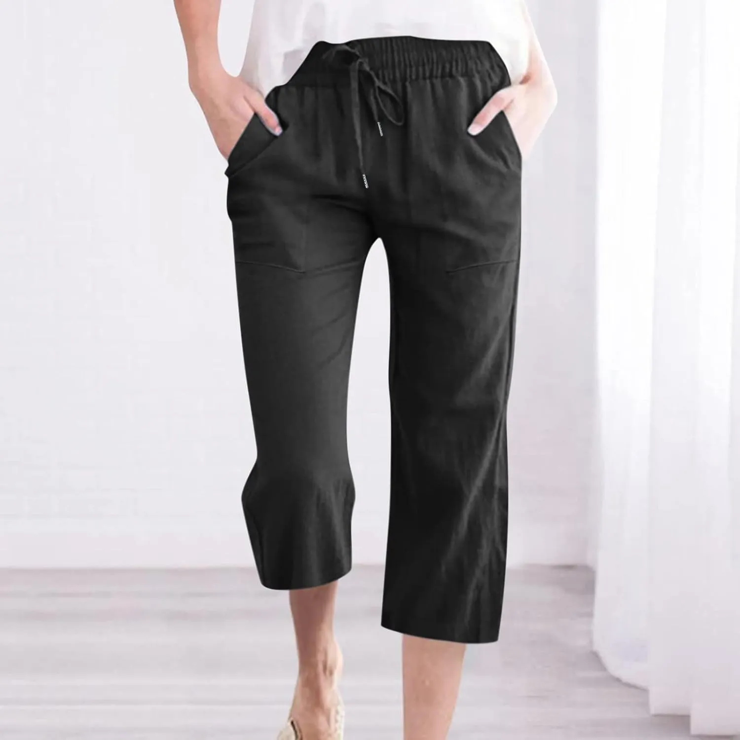 Cotton Linen Capri Pants for Women Casual Summer Straight Wide Leg Palazzo Capris Loose Comfy Beach Cropped Trousers