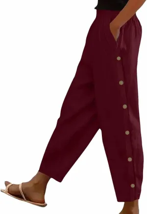 Cotton Linen Pants for Women Loose Fit Buttons Wide Leg Pants Drawstring Elastic Trousers Straight Leg Pants with Pockets