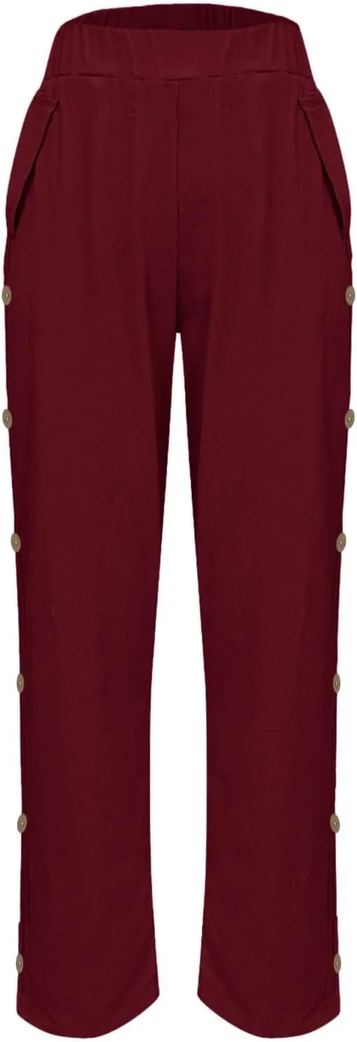 Cotton Linen Pants for Women Loose Fit Buttons Wide Leg Pants Drawstring Elastic Trousers Straight Leg Pants with Pockets