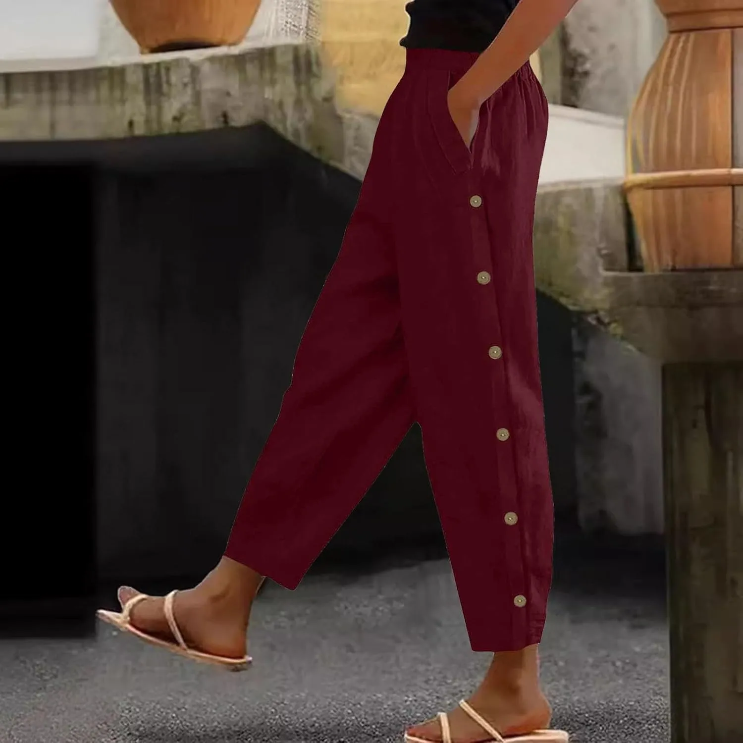 Cotton Linen Pants for Women Loose Fit Buttons Wide Leg Pants Drawstring Elastic Trousers Straight Leg Pants with Pockets