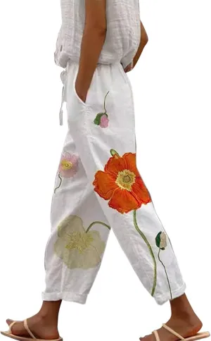 Cotton Linen Pants Women Casual Drawstring Pants Loose Drawstring Elastic Waist Cropped Trouser Womens Leggings