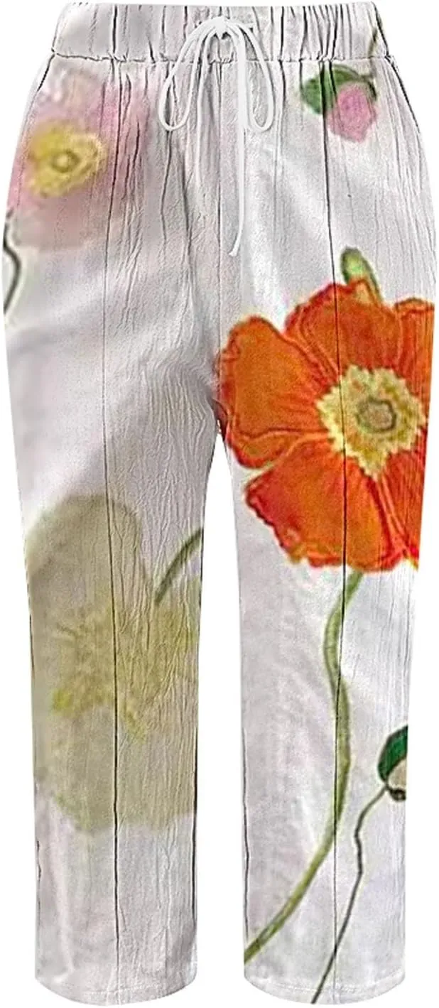 Cotton Linen Pants Women Casual Drawstring Pants Loose Drawstring Elastic Waist Cropped Trouser Womens Leggings