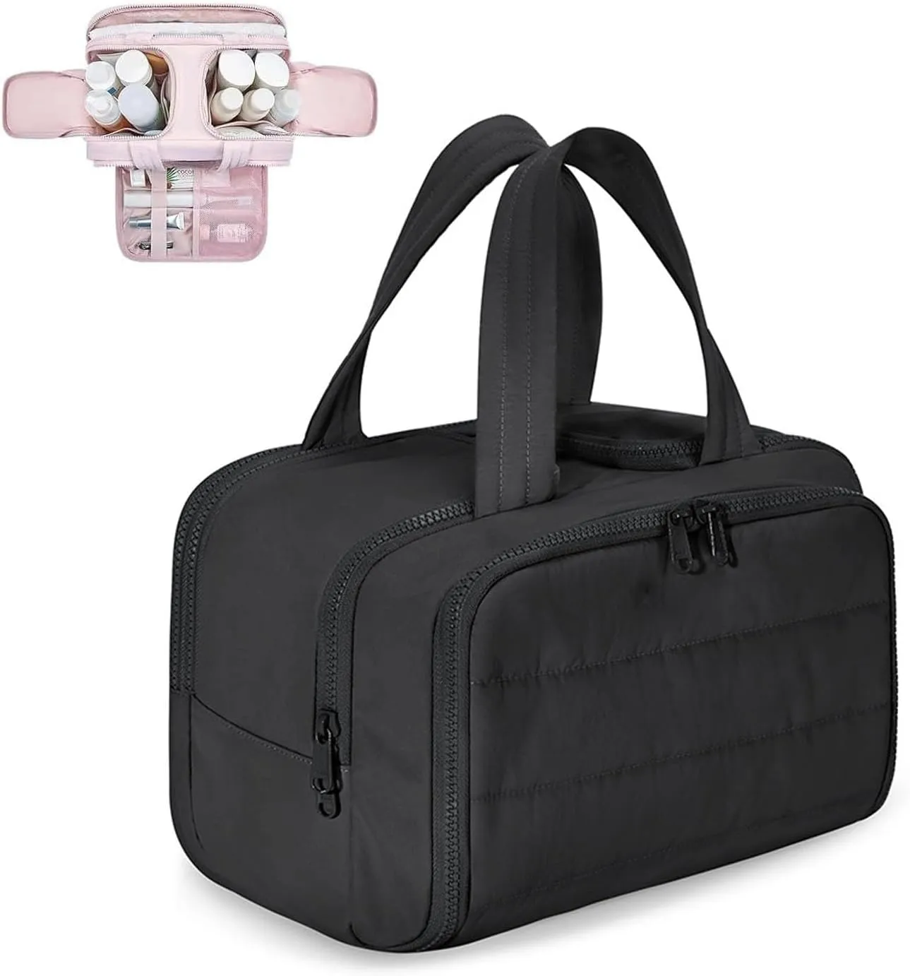 Cureaway Travel Cosmetic Bag, Hanging Toiletry Bag For Women, Large Capacity Wide-Open Travel Cosmetic Bag With Divider (Black)