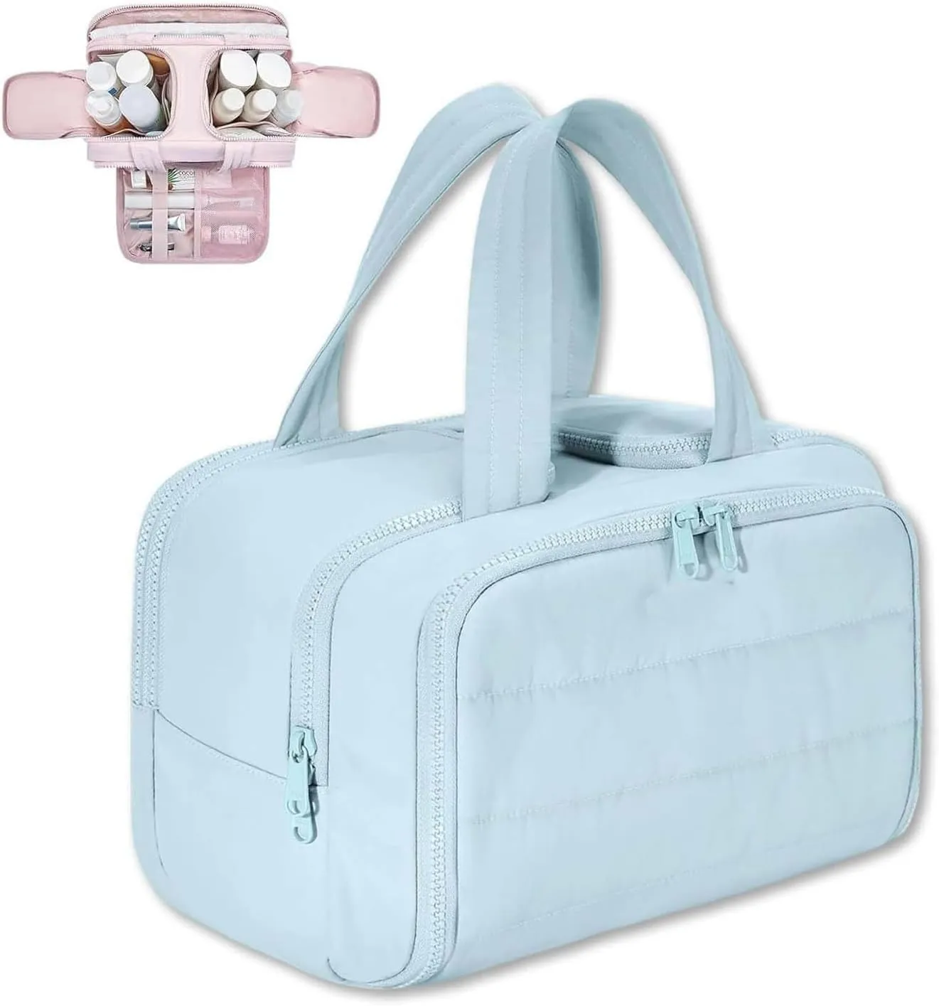 Cureaway Travel Cosmetic Bag, Hanging Toiletry Bag For Women, Large Capacity Wide-Open Travel Cosmetic Bag With Divider (Blue)