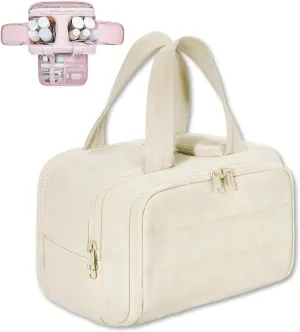 Cureaway Travel Cosmetic Bag, Hanging Toiletry Bag For Women, Large Capacity Wide-Open Travel Cosmetic Bag With Divider (Off-white)