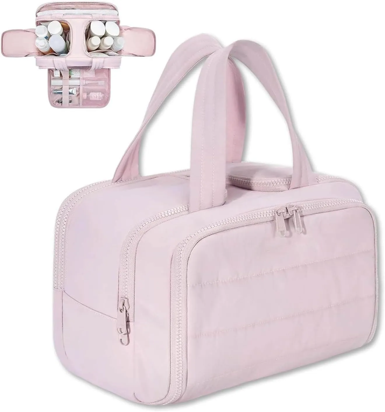 Cureaway Travel Cosmetic Bag, Hanging Toiletry Bag For Women, Large Capacity Wide-Open Travel Cosmetic Bag With Divider (Pink)