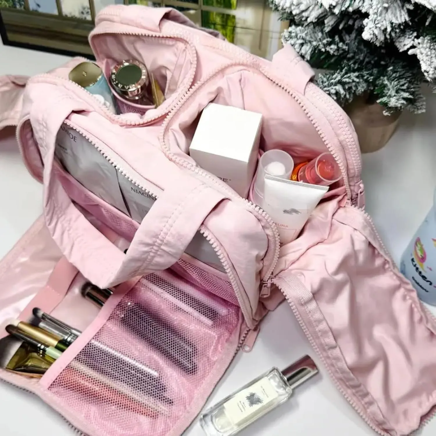 Cureaway Travel Cosmetic Bag, Hanging Toiletry Bag For Women, Large Capacity Wide-Open Travel Cosmetic Bag With Divider (Pink)