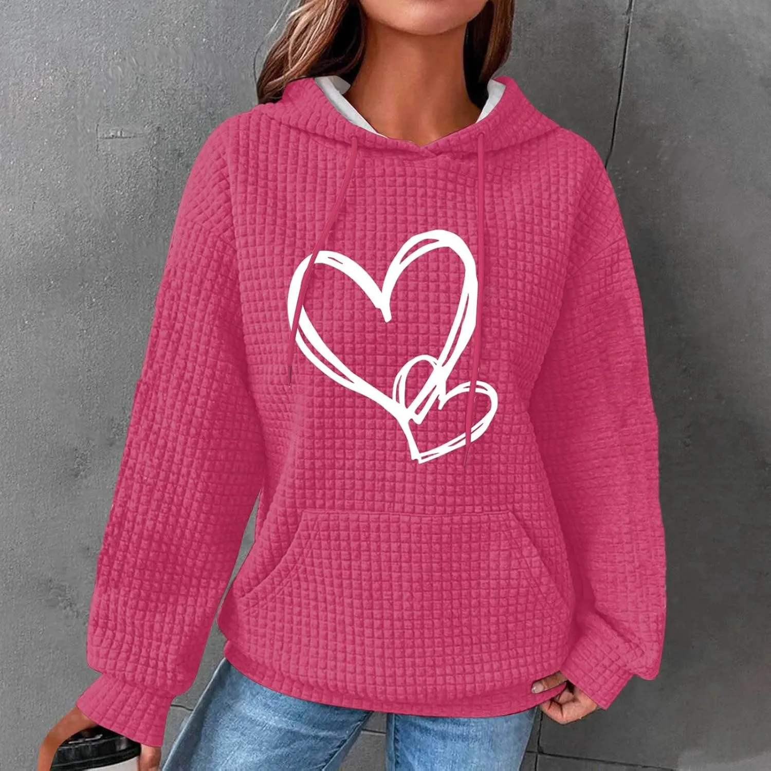 Cute Graphic Hoodies For Women Long Sleeve Heart Print Pullover Tops Oversized Long Sleeve Hooded Waffle Sweatshirt